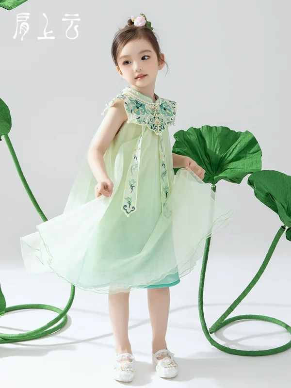 Shoulder Cloud [Fulu Embroidery Language] Hulu Cloud Shoulder Cheongsam Skirt for Girls, New Chinese Style Modified Hanfu Children's Gauze Skirt肩上云【福禄绣语】葫芦云肩旗袍裙女童新中式改良汉服儿童纱裙
