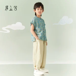 Shoulder Cloud [Cloud-Wearing Flower Rabbit] Boys' Summer Printed Short-Sleeve Shirt and Pants Two-Piece Set Improved Hanfu Performance Costume肩上云【云穿花兔】男童夏季印花短袖长裤两件套改良汉服演出服