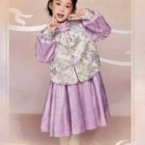 肩上云【兔戏牡丹】女童对襟马甲连衣裙两件套新中式仙气演出服Shoulder Cloud [Rabbit Playing with Peony] Girls' Doublet and Dress Two-piece Set New Chinese Style Fairy Costume