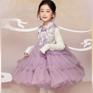 肩上云【玉兔牡丹】女童紫色新中式网纱梦幻连衣裙超仙古装演出服jianshangyun [Jade Rabbit Peony] Girls' Purple New Chinese Style Net Fabric Dreamy Dress Super Fairy Costume Performance Costume