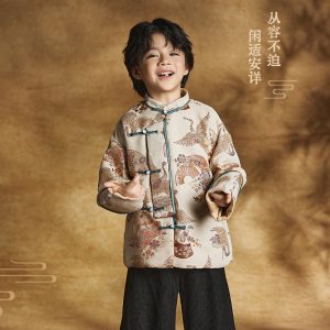 肩上云【仙韵轻摇】男童米色重工改良唐装外套仙侠风新中式演出服jianshangyun [Fairy Tune Swaying] Boys' Beige Heavy-Duty Modified Tang Suit Jacket, Fairy-Xia Style New Chinese Performance Clothing