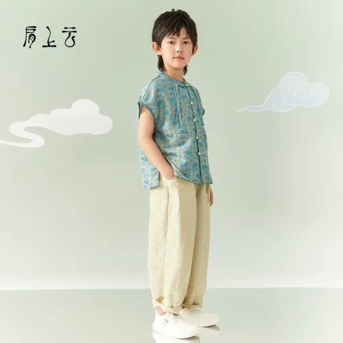 Shoulder Cloud [Cloud-Wearing Flower Rabbit] Boys' Summer Printed Short-Sleeve Shirt and Pants Two-Piece Set Improved Hanfu Performance Costume肩上云【云穿花兔】男童夏季印花短袖长裤两件套改良汉服演出服