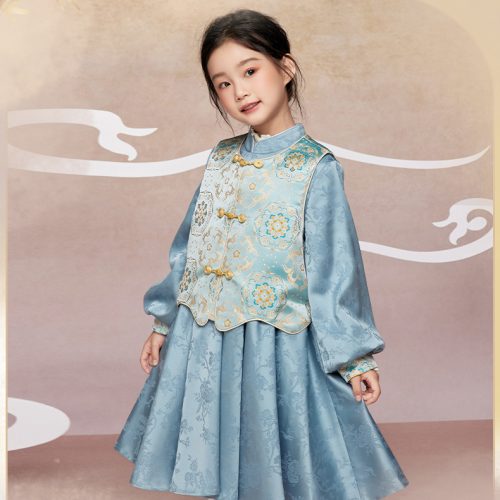 肩上云【宝相奔鹿】女童马甲连衣裙套装传统中式汉服古典演出服Shoulder Cloud [Treasure Deer Running] Girls' Vest and Dress Set, Traditional Chinese Hanfu, Classical Performance Costume