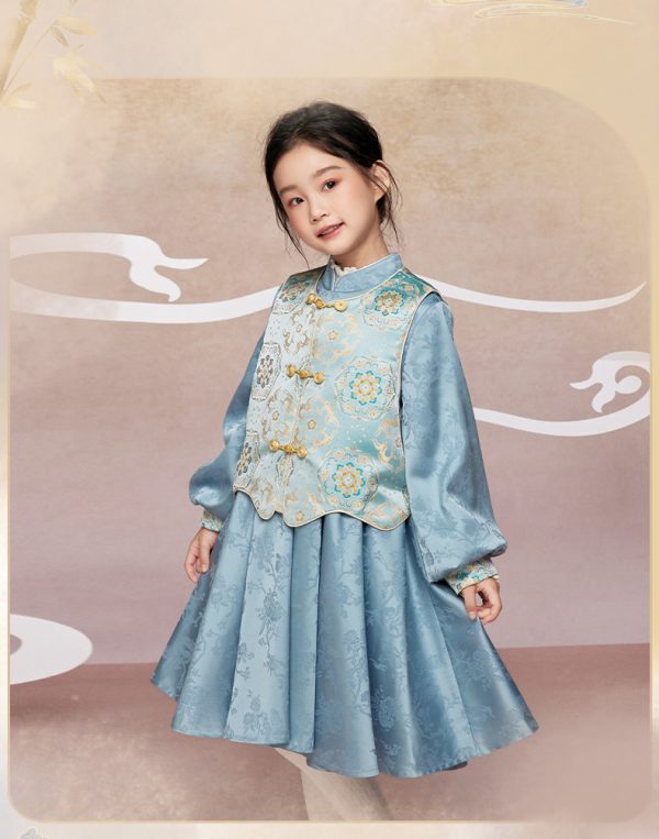 肩上云【宝相奔鹿】女童马甲连衣裙套装传统中式汉服古典演出服Shoulder Cloud [Treasure Deer Running] Girls' Vest and Dress Set, Traditional Chinese Hanfu, Classical Performance Costume