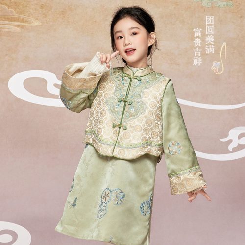 肩上云【团花锦簇】女童对襟马甲连衣裙套装中式古典汉服演出服Shoulder Cloud [Clustered Flower Pattern] Girls' Double-breasted Vest and Dress Set, Traditional Chinese Hanfu Costume for Performance