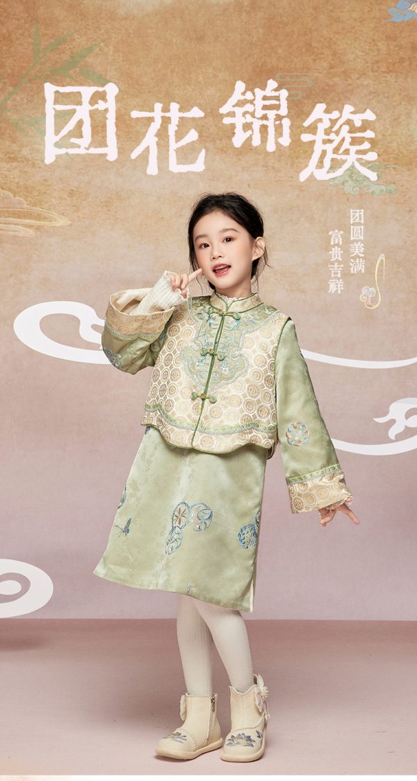 肩上云【团花锦簇】女童对襟马甲连衣裙套装中式古典汉服演出服Shoulder Cloud [Clustered Flower Pattern] Girls' Double-breasted Vest and Dress Set, Traditional Chinese Hanfu Costume for Performance