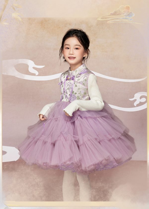 肩上云【玉兔牡丹】女童紫色新中式网纱梦幻连衣裙超仙古装演出服jianshangyun [Jade Rabbit Peony] Girls' Purple New Chinese Style Net Fabric Dreamy Dress Super Fairy Costume Performance Costume